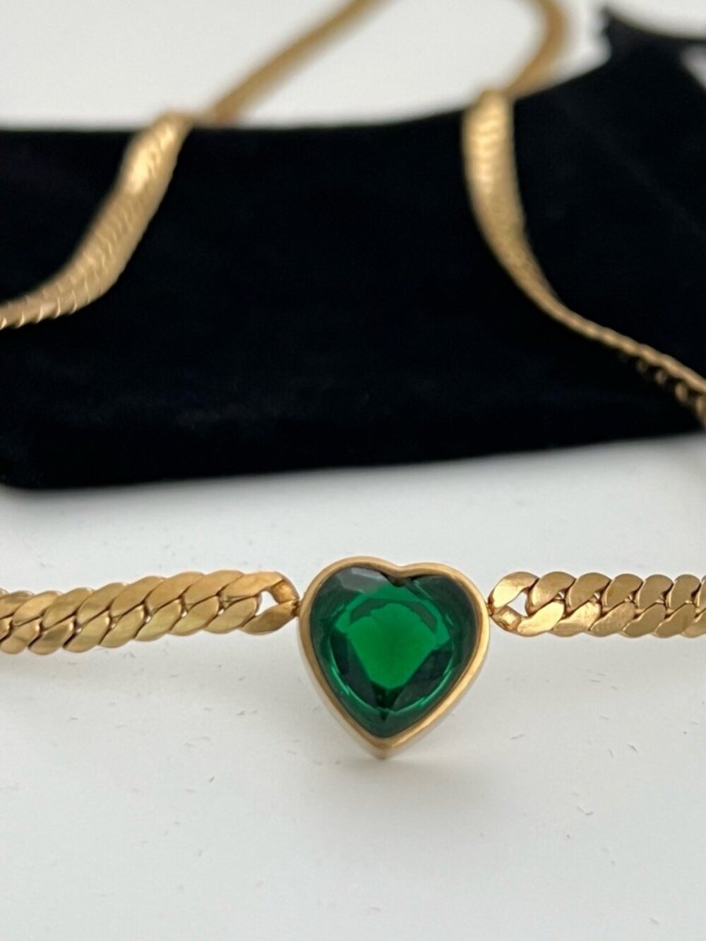 18K Gold Plated Green Heart snake chain Necklace Stainless Steel womens jewelry